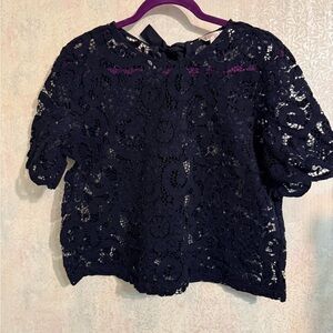 Navy Blue Floral Lace Short Sleeve Tie Back With Ribbon Top Sz Large